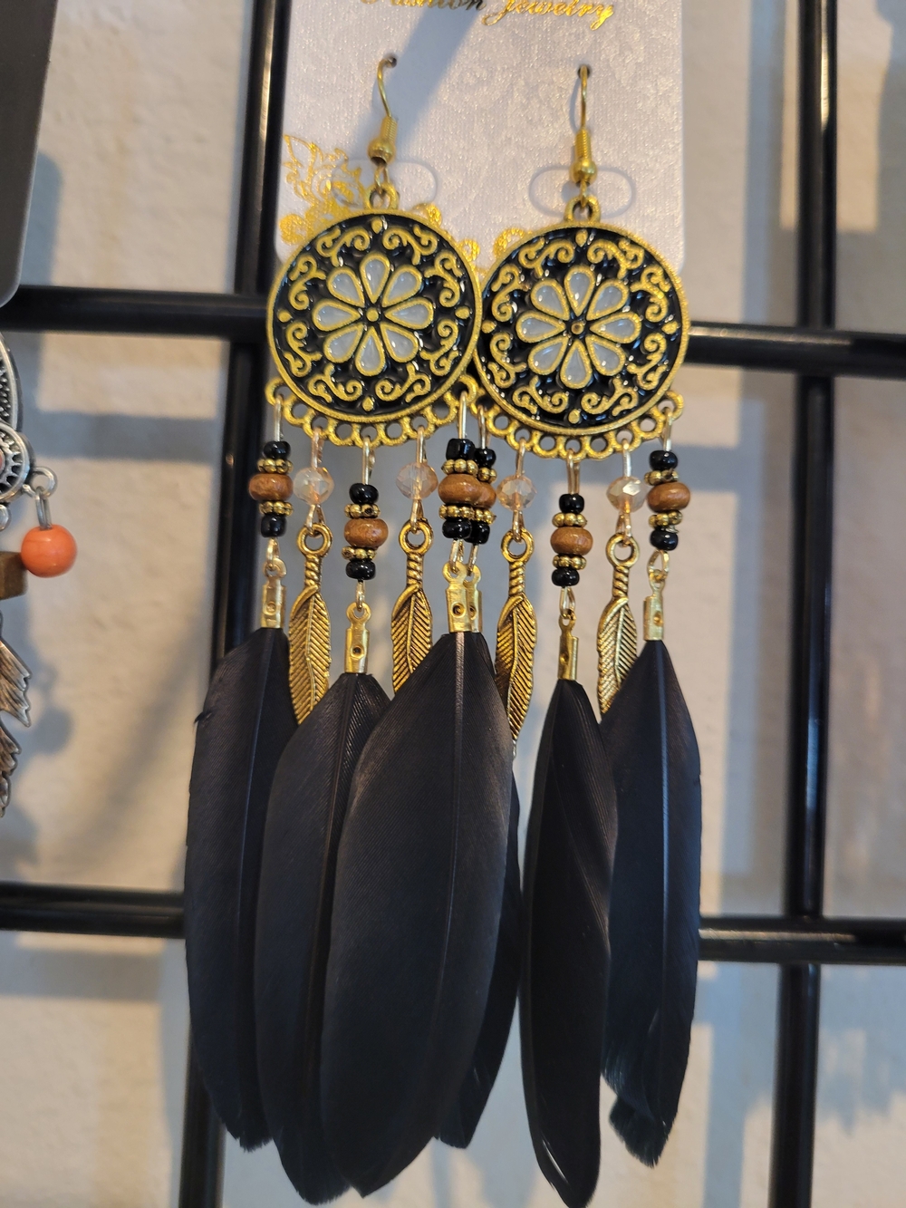 Bohemian Gold & Black Feather Drop Earrings - Women Jewelry